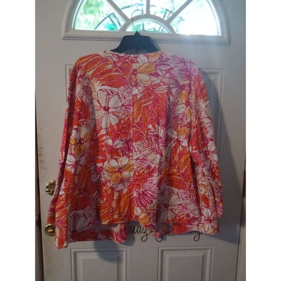 Blazer Jacket Ruby Rd 20W Snaps Beads Straw Tropical Floral Pink Orange White - Picture 5 of 8